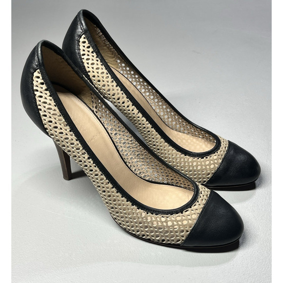 J. Crew Shoes - J Crew Leather Heels Womens 10 Perforated Cut Out Beige Black Stiletto Cap Toe